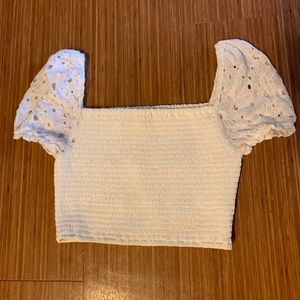 Smocked crop top with lace eyelet puff sleave